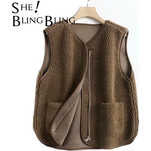 SheBlingBling Za Woman 2021 Traf Solid Short Loose Lambs Plush Vest Autumn Winter Sleeveless Female Coats Warm Waistcoat Tops