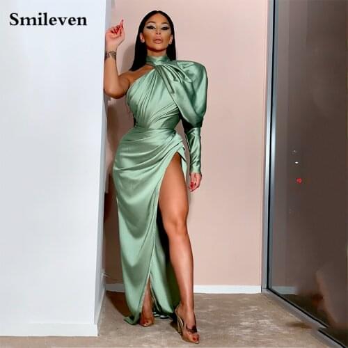 Smileven One Shouldr Emerald Green Evening Dress Mermaid Long Sexy Side Split Prom Party Gowns Halter Neck Celebrity Dresses