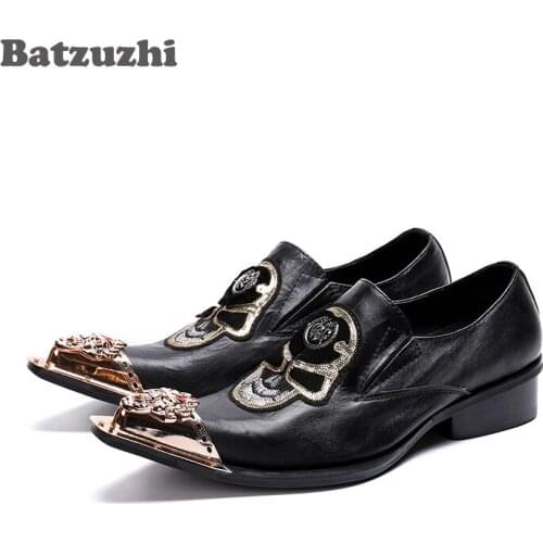 Batzuzhi Western Rock Men Shoes Gold Metal Tip Black Genuine Leather Dress Shoes Men Formal Business and Party, Stage Shoes Men