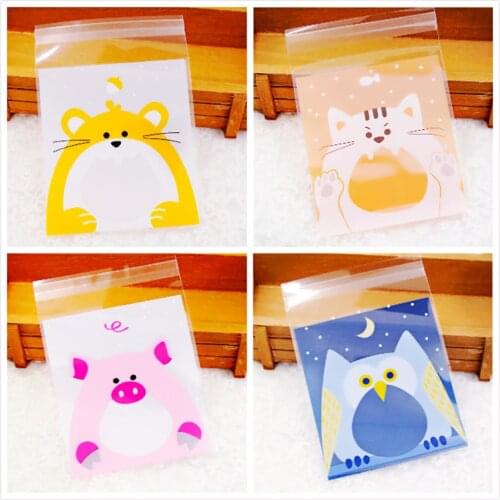 100Pcs Cute Animals Candy Cake Biscuits Cookies Packaging Bags Self-adhesive Plastic Gifts Bags Party Birthday Snack Baking