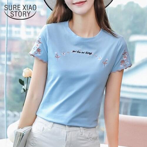 2021 Fashion Floral Summer Blouse Women Short Sleeve Round Fashion Neck Female Plus Size Letter Embroidery Pink Clothing 8590 50