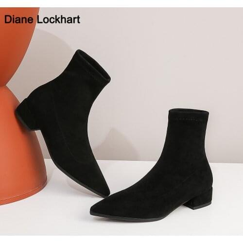 2021 Winter Boots Women Ankle Boots High Quality Pointed toe Ladies Fashion Low heels Comfortable Flock Sock Booties Mujer 32-43