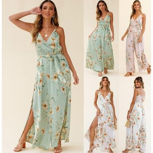 2021 Summer Floral Print Jumpsuit Women Vintage Casual V Neck Spaghetti Straps Jumpsuit Female Harajuku Loose Straight Pants