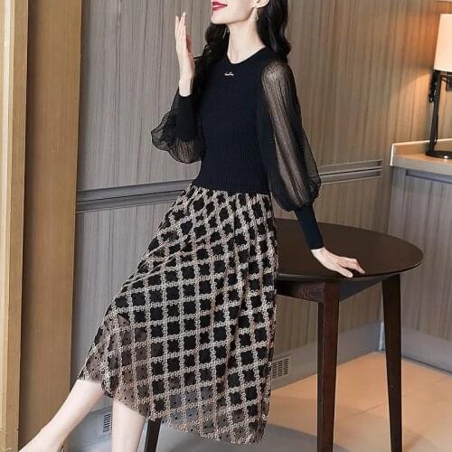 Autumn Vintage Dot Mesh Puff Sleeve Knit Patchwork Plaid Midi Dress Women Fashion Round Neck Slim Party Dress Female 2021 New