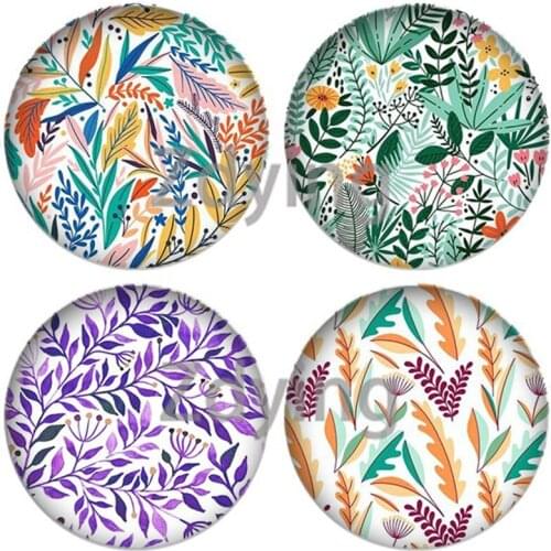 Zdying 10pcs Colorful Plants Leaves Leaf Round Glass Cabochon Art Picture Glass Dome DIY Base Tray Pendant Jewelry Findings