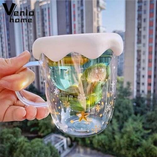 300Ml Creative Christmas Tree Glass Cup Heat-Resistant Double Wall Glass Cup Coffee Mug with Lid Cute Christmas Gifts for Girls