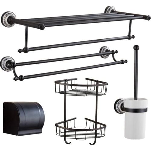 Black Bathroom Accessories Brass Toilet Paper Holder Luxury Towel Bar China Style Ceramics Hardware Kit Bath Accessories Set