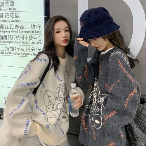 Beige Vintage USA Preppy Style Oversized Sweaters Women Girls Letters Warm Winter Sleeve Winter Knit Tops Loose Casual Korean