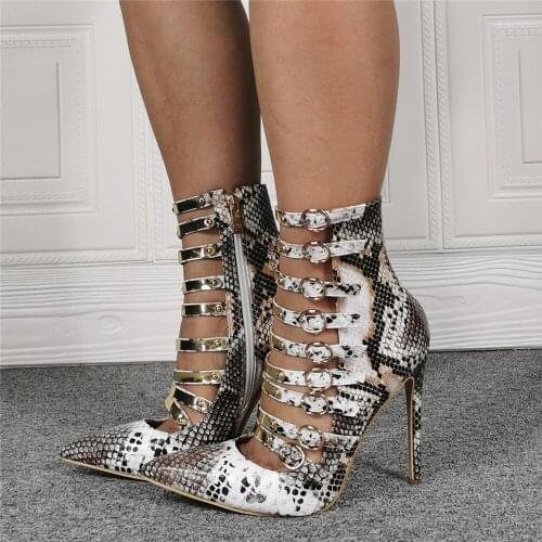 Fashion Women Sandals Snake Skin Leather Sexy Thin High Heels Pumps Charm Pointed Toe Gorgeous Dress Shoes Women US Size 5-15