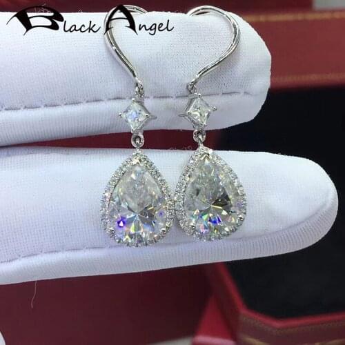 BLACK ANGEL 925 Sterling Silver Water Drop Shaped Luxury Gemstone CZ Hook Earrings For Women Wedding Jewelry Christmas Gift