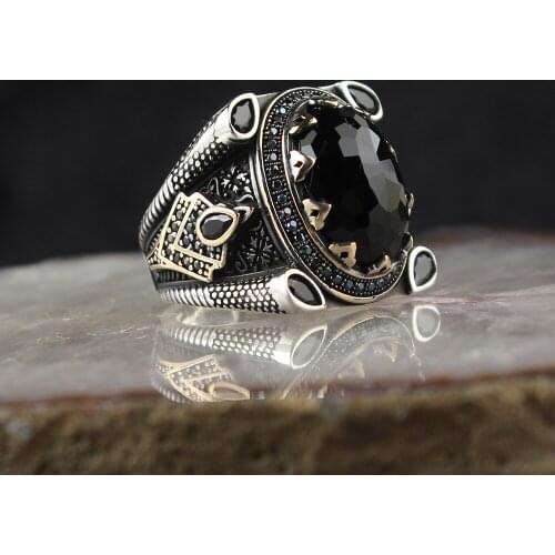 Ethnic Design Crystal Cut Black Zircon Stone 925 Sterling Silver Men 'S Ring