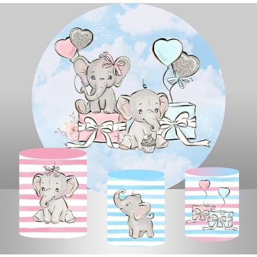 Gender Reveal Circle Background Baby Shower Elephant Round Backdrop Newborn Birthday Party table Banner Plinth Covers