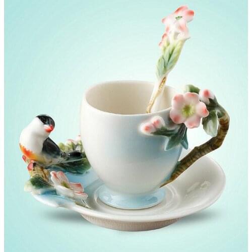 Hot sale Ceramic Cup Magpies Plum Blossom Enamel color Coffee Cup with Saucer and Spoon European Creative Tea cups