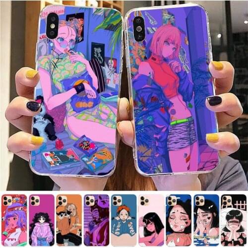 TOPLBPCS INS Kawaii Japanese Anime illustration Girl Phone Case for iPhone 8 7 6 6S Plus X 5S SE 2020 XR 11 12mini pro XS MAX