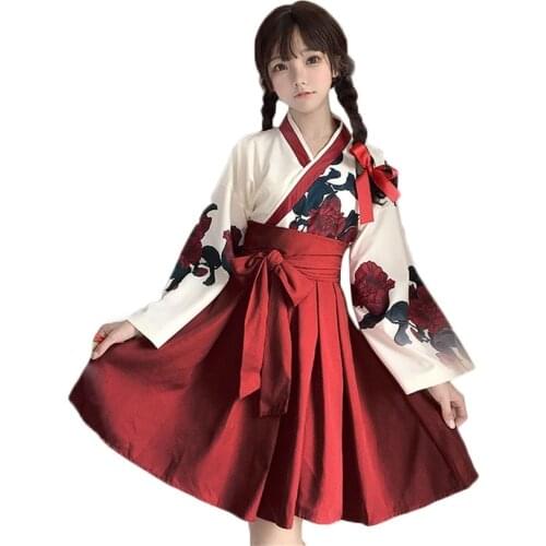 Japanese Kimono Costume Floral Haori Blouse Tops Coat Pleated Skirt Women Summer Yukata Dress Lolita Suit Outfit For Girls