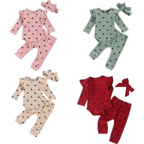 New Born Babys Ribbed Suit Girl Boy Heart Print Crew Neck Lace Long Sleeve Top, Long Pants and Hairband 3 Pcs Suits 0-24 Months