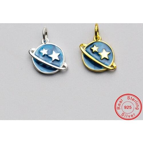UQBing 100% Pure 925 Sterling Silver Round Enamel Blue Planet Star Pendant Charms Women DIY Jewelry Making Findings