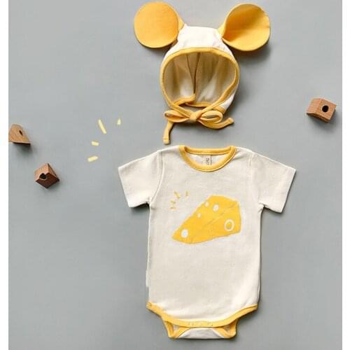 Cute Summer Baby Clothes Girl Cotton 2 Pcs Sets Cartoon Animal Mouse Short Sleeve Baby Bodysuit+3D Hat Baby Boy Clothes 0-18M