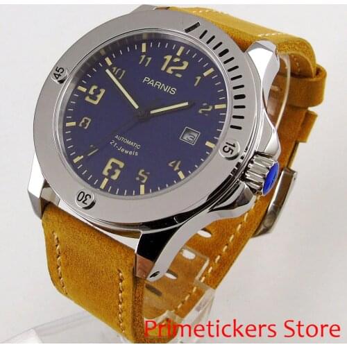Automatic 43mm blue dial luminous date mens watches date yellow marks sapphire glass