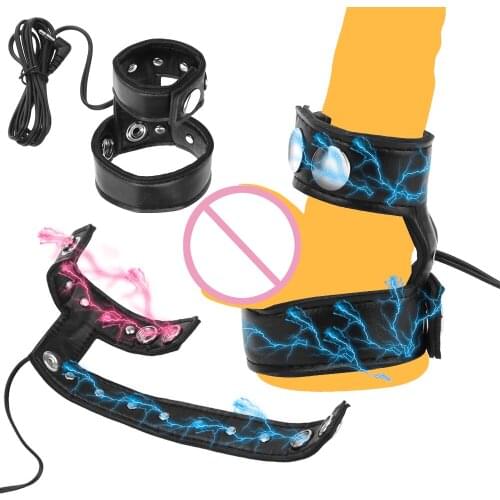 Male Electro Shock Leather Penis Ring Electric Stimulation Physiotherapy Ring Cock Extender Delay Bondage Scrotum Ring Sex Toys