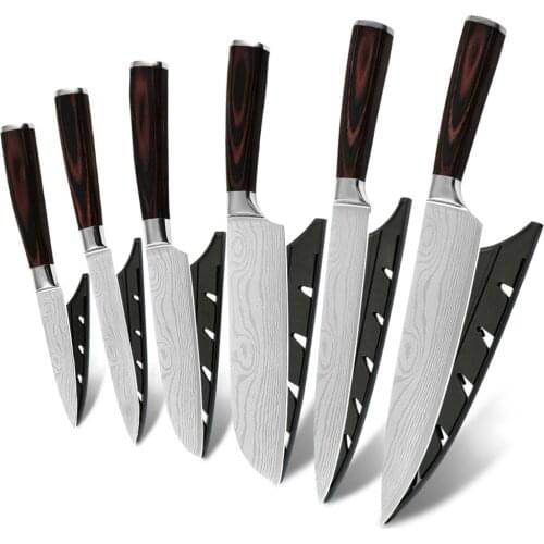 6PCS Kitchen Stainless Steel Knives Set Western-style Fruit Chopper Chef Knife Japanese knives Set Damascus Pattern Kitchen Tool