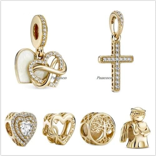 Authentic 925 Sterling Silver Gold Sparkling Infinity Heart Dangle Charm Beads Fit Pandora Bracelet & Necklace Jewelry
