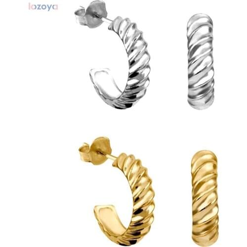 LOZOYA 100% 925 Sterling Silver Twist Hoops 2021 Party Rock Punk Gold Circle Round Thick Women Luxury Earring For Jewelry