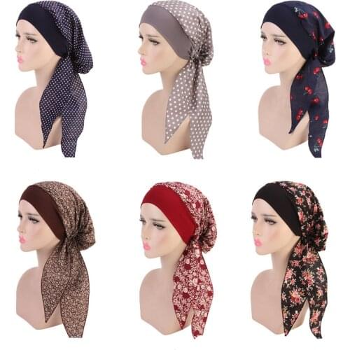 Women Muslim Hat Turban Bonnet Long Tail Floral Print Head Cover Wrap Caps Cancer Chemo Islamic Arab Headwear Skullies Caps