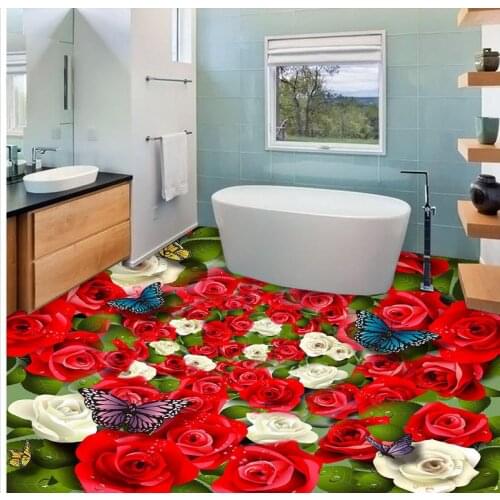 Modern sticker 3D floor Red and white roses butterflies Mural-3d PVC Wallpaper Self-adhesive Floor Wallpaper-3d