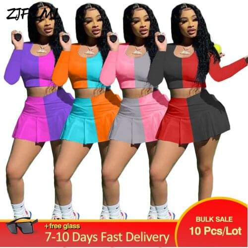 Bulk Items Wholesale Lots Active Wear Sport Women Skirt Sets Contrast Color Full Sleeve Crop Top+high Waist Ruched Dress Y2K