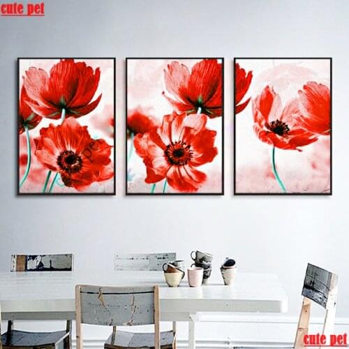 Rhinestone pictures DIY Poppy flower 5D Diamond Embroidery Cross Stitch kits Abstract Oil Painting Resin Hobby Home Decor 3PCS