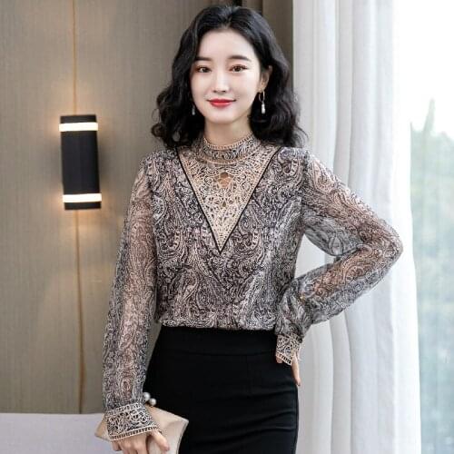 Richkeda Store New 2021 Printed Blouse Women 2021 Spring New Korean Style Stand-up Collar Hollow Lantern Long-sleeved Fashion