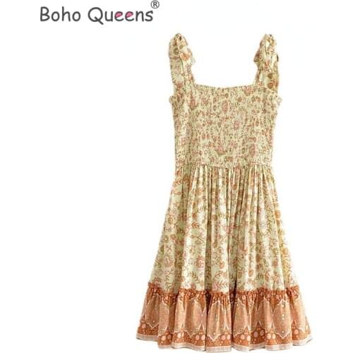 Boho Queens women floral print sleeveless Bohemian Strap mini dress Ladies Summer cotton Boho dress vestidos