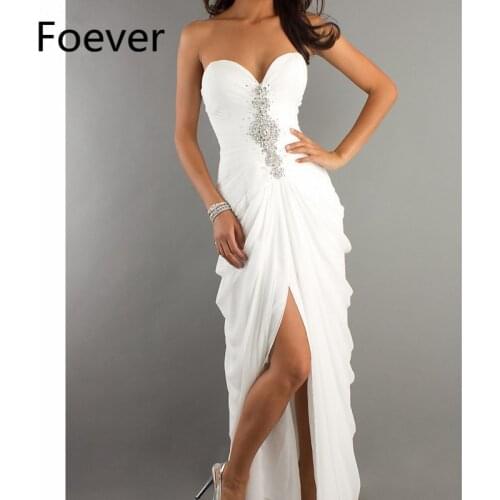 Elegant 2019 White Prom Dresses Long with Crystals Beaded vestido de festa Sweetheart Chiffon Front Slit Evening Party Dress