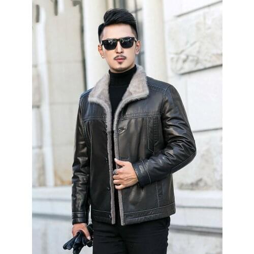 Winter Genuine Leather Jacket Men 100% Goatskin Leather Coat Wool Fur Lining Plus Size Mink Collar JM-31-E739 KJ3844