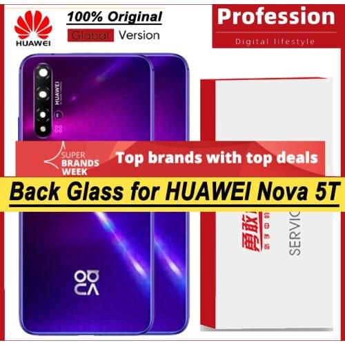100% Original for Huawei Nova 5T Back Battery Cover Rear Glass Door Panel Case Battery Cover with Camera Lens