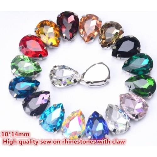 Free shippment!25pcs/lot 10x14mm Crystal Teardrop shape Glass In White K Metal Claw Settings Sewing On Dress Shoes