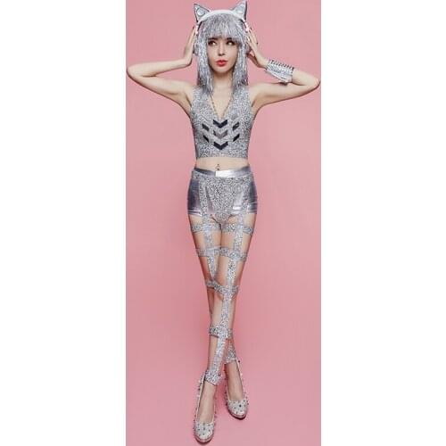 Flashing Silver Full Stones Mirrors Vest Short Hollow Pant Sexy Set Womens Party Costume Female Singer Dance Show Unique Outfit