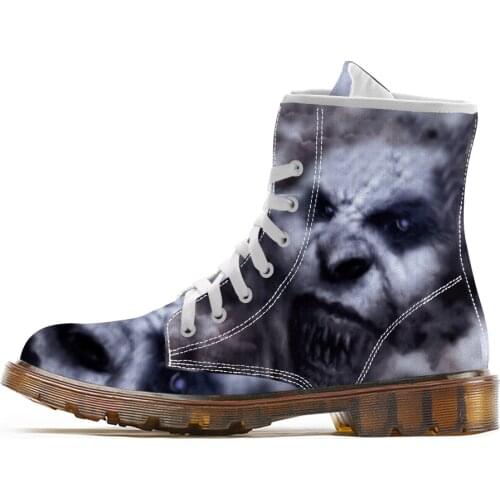 Skull Boots for Men Mid Calf Fashion Boots for Man Motorcycle Combat Boots for Male Custom Design Skeleton Print Canvas Shoes