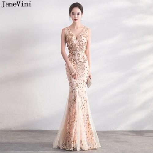 JaneVini 2018 Sexy Champagne Gold Mermaid Sequins Bridesmaid Dresses Long Party Prom Gowns Floor Length Backless Vestitini Donna