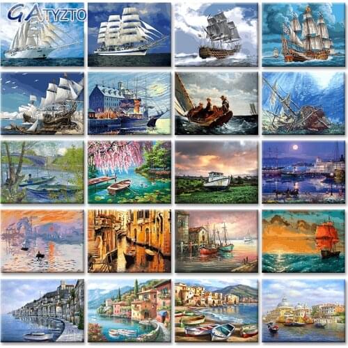 GATYZTORY Painting By Numbers Ship Cavans Acrylic Drawing Adults DIY Kit 60x75cm Picture Frame Landscape Wall Decoration Home