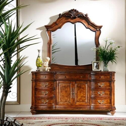 Classic birch wood makeup table set dressing table with mirror stool Туалетный столик с зеркалом GH03