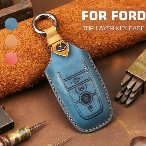 Leather Car Key Fob Cover Case Bag Shell Key Chain Holder For Ford Focus Edge Explorer Mondeo Escort Trurus Mustang Ranger