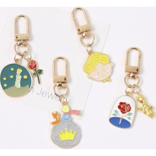 Trendy The Little Prince Keychain Planet Rose Pendant For Clothes Backpack Keyring Key Chains Charms Valentimes Day Gift