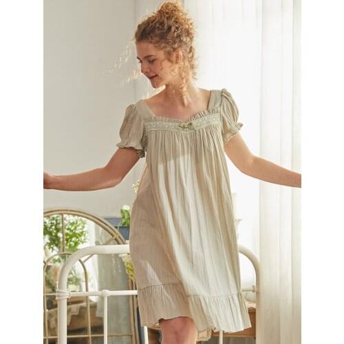 New Fashion Cotton Sweet Short Nightgowns For Women Light Green Short Sleeve Sleepwear Vintage Girls Summer Nighty