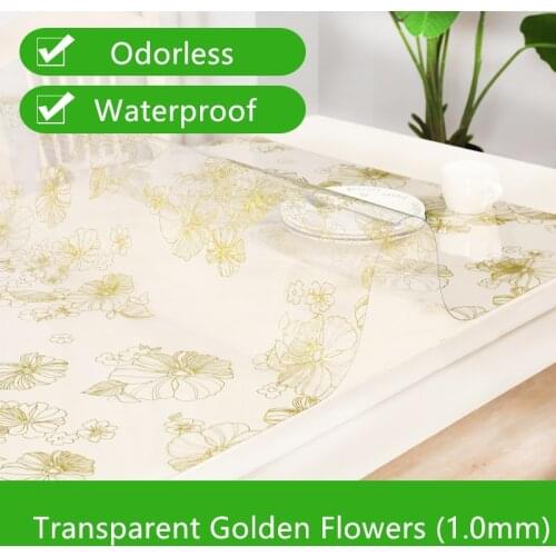 New Arrive Transparent Golden Flower Pattern Waterproof And Odorless Kitchen Table Cloth Imitation Leather Pattern Table Cover