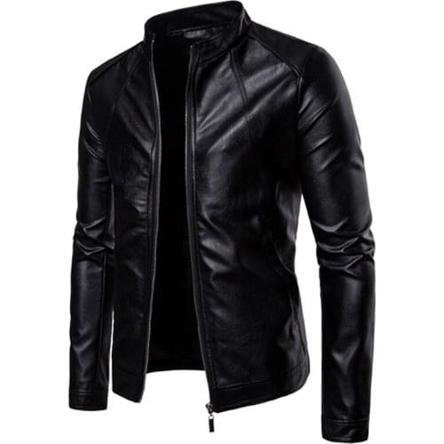 Autumn Winter Mens Stand Collar Coats Leather Biker Zipper Jackets Motorcycling Jackets Faux Leather Jacket Mens Black Clothing