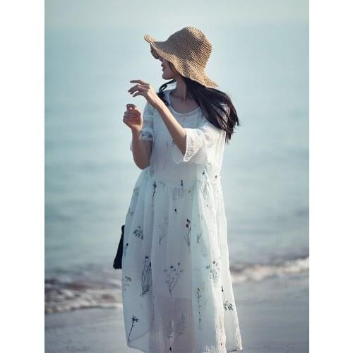 Single top weaving art embroidered Tencel cotton light and thin soft fog blue pleated loose lace dress
