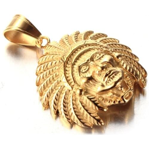 Newest Design 316L Stainless Steel Gold Tone Indians Design Pendant Necklace Mens Punk Jewelry With 3mm 24" Box Chain