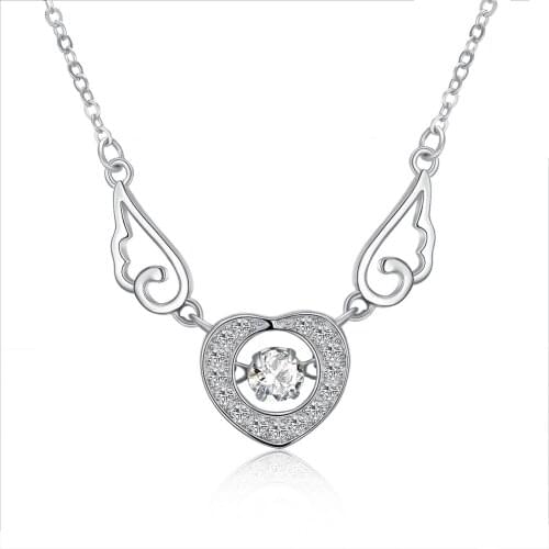 SILVERHOO S925 Sterling Silver Necklace For Women Heart Shape Inlay Zircon Angel Wings Trendy Valentine Party Gifts Fine Jewelry
